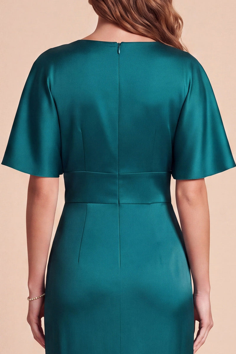 Load image into Gallery viewer, A Line Peacock Green Satin V-Neck Ruched Long Wedding Guest Dress with 3D Flowers