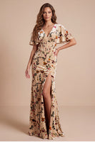 Load image into Gallery viewer, Corset Champagne Sheath Velvet V-Neck Floral Long Wedding Guest Dress with Slit