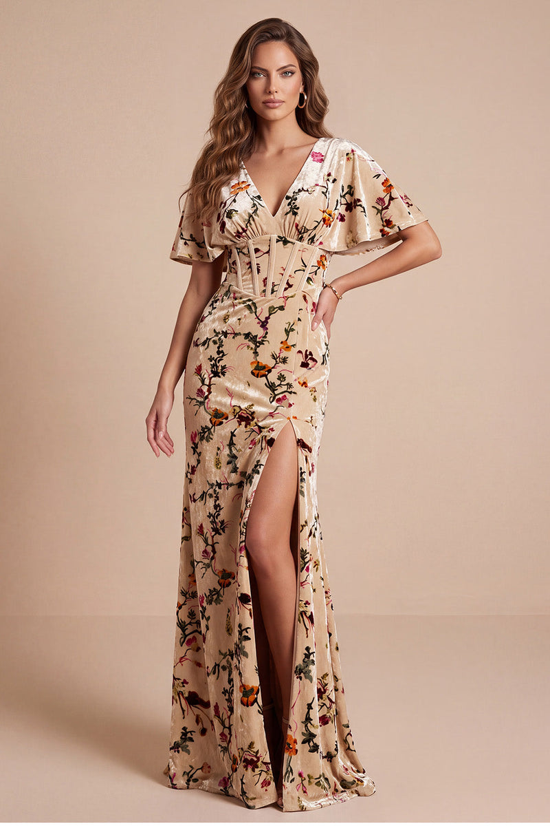 Load image into Gallery viewer, Corset Champagne Sheath Velvet V-Neck Floral Long Wedding Guest Dress with Slit