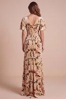 Load image into Gallery viewer, Corset Champagne Sheath Velvet V-Neck Floral Long Wedding Guest Dress with Slit