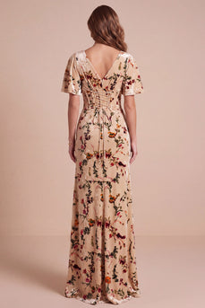 Corset Champagne Sheath Velvet V-Neck Floral Long Wedding Guest Dress with Slit