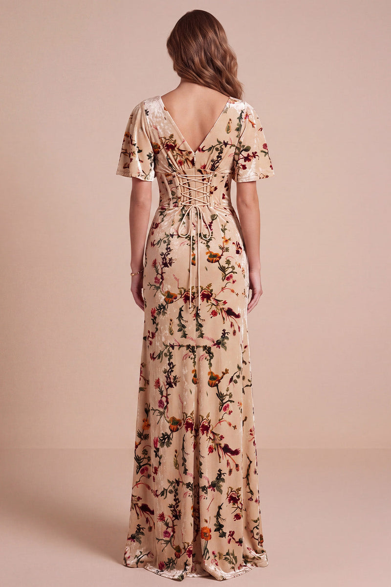 Load image into Gallery viewer, Corset Champagne Sheath Velvet V-Neck Floral Long Wedding Guest Dress with Slit