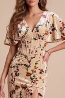 Load image into Gallery viewer, Corset Champagne Sheath Velvet V-Neck Floral Long Wedding Guest Dress with Slit