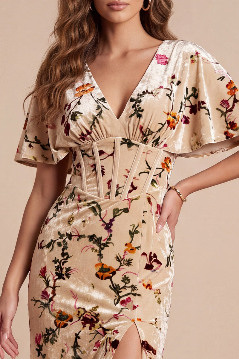 Load image into Gallery viewer, Corset Champagne Sheath Velvet V-Neck Floral Long Wedding Guest Dress with Slit