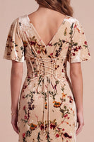 Load image into Gallery viewer, Corset Champagne Sheath Velvet V-Neck Floral Long Wedding Guest Dress with Slit
