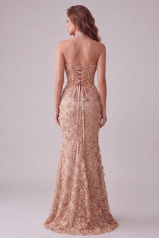 Mermaid Champagne Sparkly Floral Long Evening Dress with Sequins