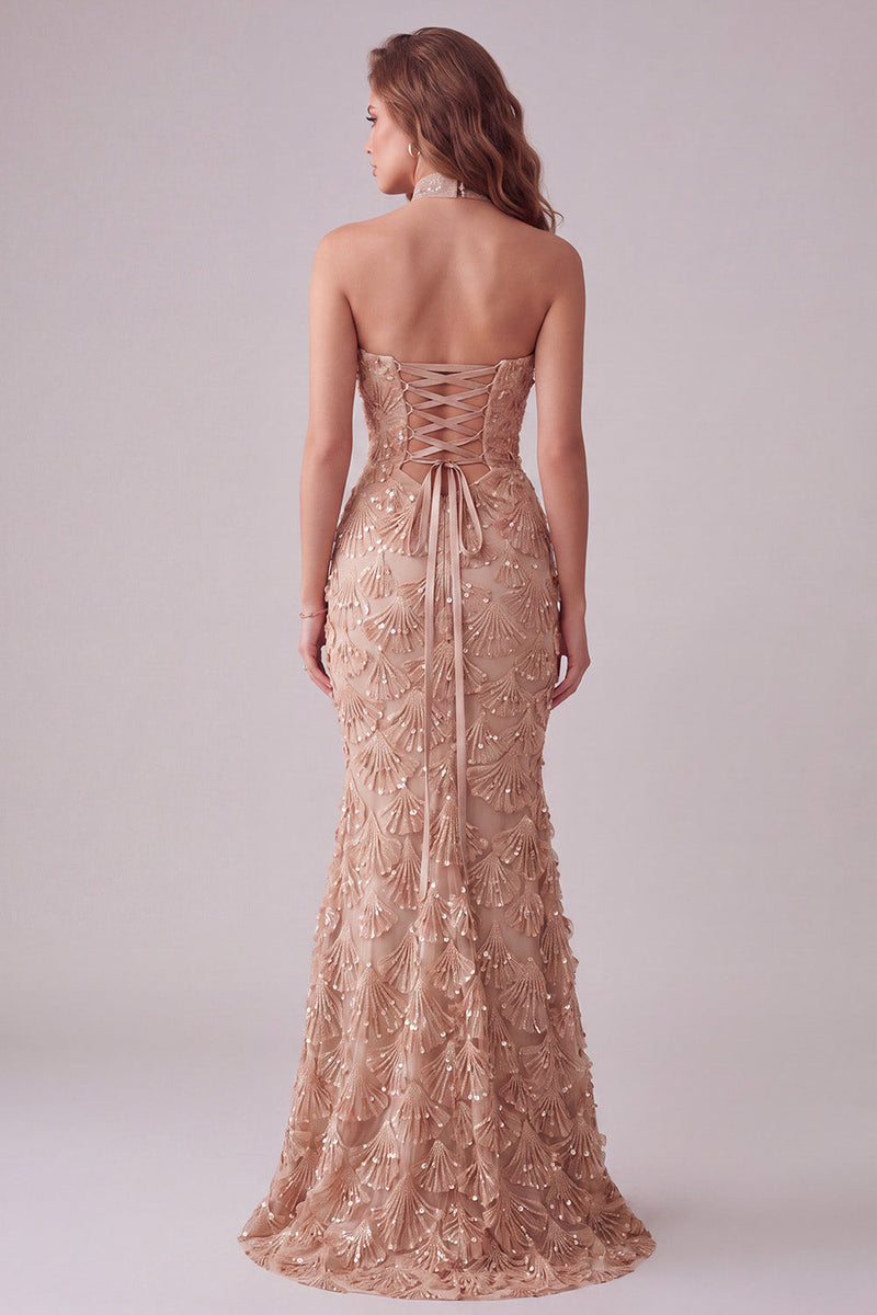 Load image into Gallery viewer, Mermaid Champagne Sparkly Floral Long Evening Dress with Sequins