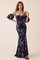 Load image into Gallery viewer, Dark Blue Mermaid Velvet Corset Floral Sweetheart Long Evening Dress