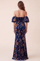 Load image into Gallery viewer, Dark Blue Mermaid Velvet Corset Floral Sweetheart Long Evening Dress