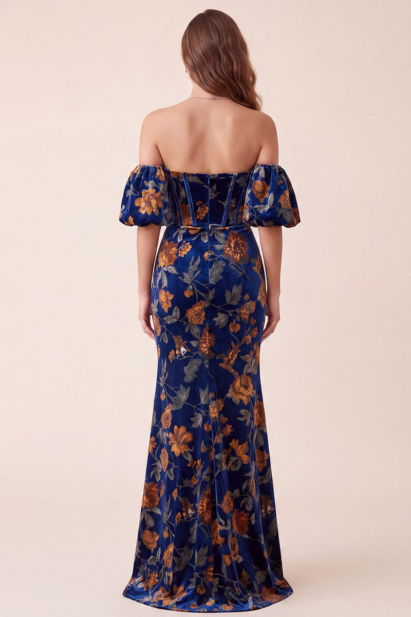 Load image into Gallery viewer, Dark Blue Mermaid Velvet Corset Floral Sweetheart Long Evening Dress