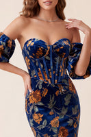 Load image into Gallery viewer, Dark Blue Mermaid Velvet Corset Floral Sweetheart Long Evening Dress