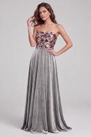 Load image into Gallery viewer, Grey A Line Sparkly Velvet Strapless Floral Long Evening Dress with Sequins