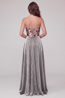 Load image into Gallery viewer, Grey A Line Sparkly Velvet Strapless Floral Long Evening Dress with Sequins