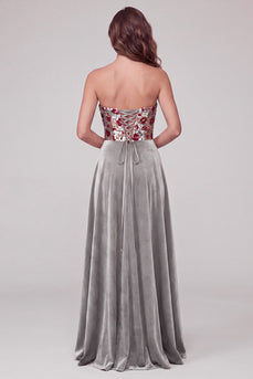 Grey A Line Sparkly Velvet Strapless Floral Long Evening Dress with Sequins