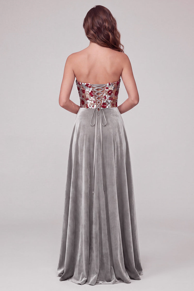 Load image into Gallery viewer, Grey A Line Sparkly Velvet Strapless Floral Long Evening Dress with Sequins