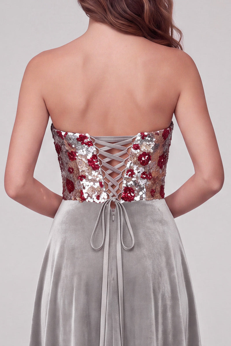 Load image into Gallery viewer, Grey A Line Sparkly Velvet Strapless Floral Long Evening Dress with Sequins
