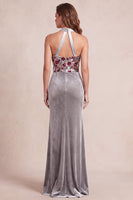 Load image into Gallery viewer, Sparkly Grey Sheath Velvet Floral Halter Long Evening Dress with Sequins