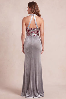 Sparkly Grey Sheath Velvet Floral Halter Long Evening Dress with Sequins