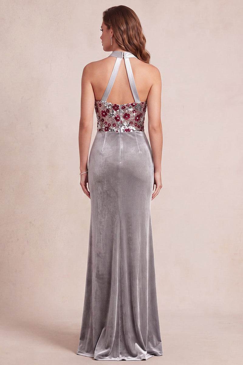 Load image into Gallery viewer, Sparkly Grey Sheath Velvet Floral Halter Long Evening Dress with Sequins