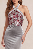 Load image into Gallery viewer, Sparkly Grey Sheath Velvet Floral Halter Long Evening Dress with Sequins