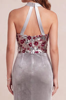 Load image into Gallery viewer, Sparkly Grey Sheath Velvet Floral Halter Long Evening Dress with Sequins