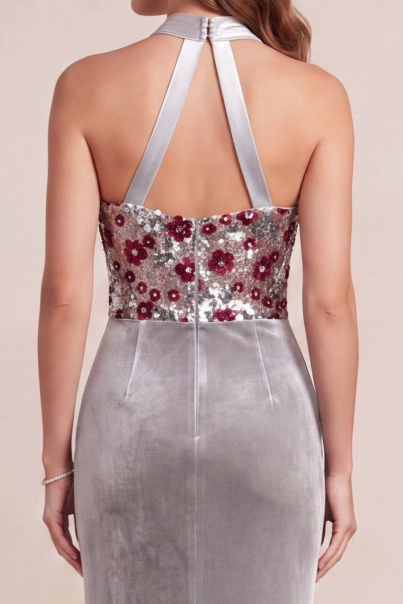 Load image into Gallery viewer, Sparkly Grey Sheath Velvet Floral Halter Long Evening Dress with Sequins