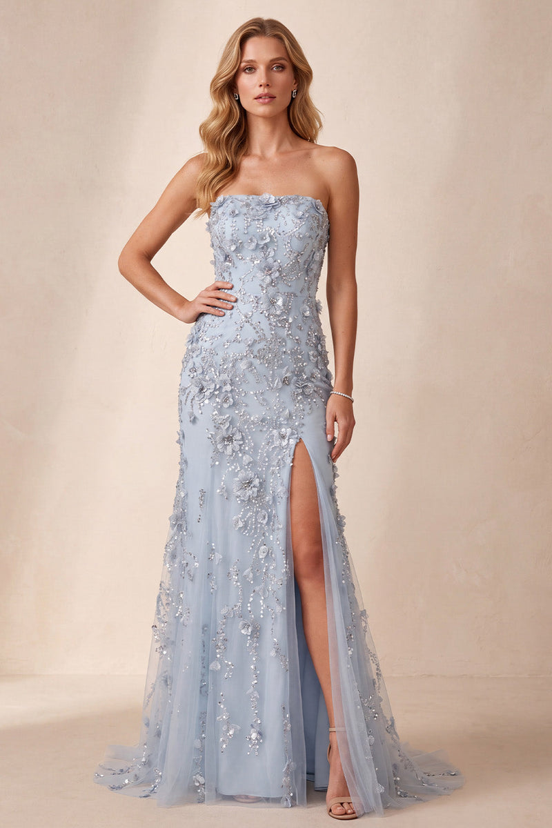Load image into Gallery viewer, Sparkly Sequin Dusty Blue Mermaid Floral Strapless Long Evening Dress with Slit
