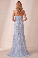 Load image into Gallery viewer, Sparkly Sequin Dusty Blue Mermaid Floral Strapless Long Evening Dress with Slit