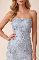 Load image into Gallery viewer, Sparkly Sequin Dusty Blue Mermaid Floral Strapless Long Evening Dress with Slit