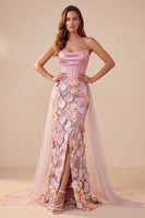 Load image into Gallery viewer, Mermaid Pink Floral Corset Ruched Long Prom Dress with Cape