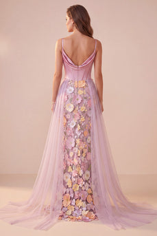 Mermaid Pink Floral Corset Ruched Long Prom Dress with Cape