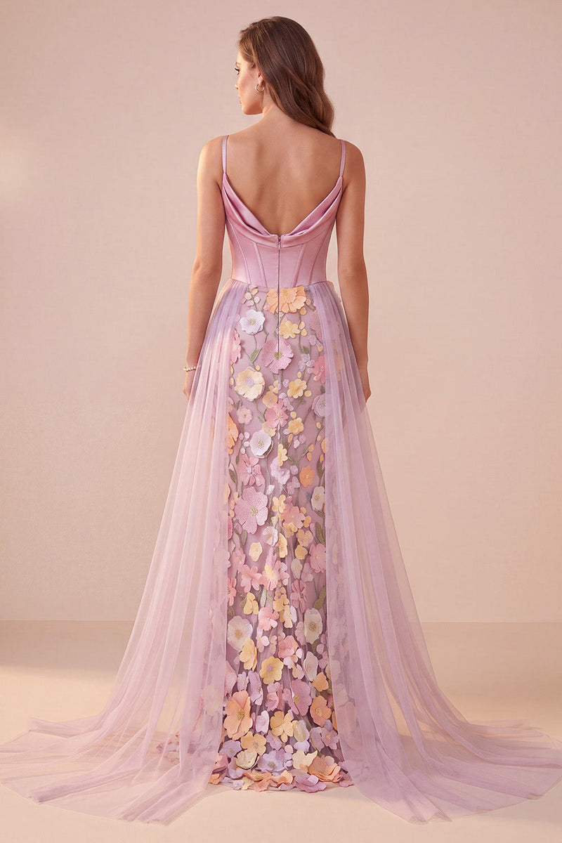 Load image into Gallery viewer, Mermaid Pink Floral Corset Ruched Long Prom Dress with Cape