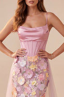 Load image into Gallery viewer, Mermaid Pink Floral Corset Ruched Long Prom Dress with Cape