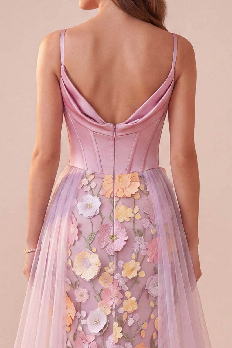 Load image into Gallery viewer, Mermaid Pink Floral Corset Ruched Long Prom Dress with Cape