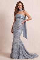 Load image into Gallery viewer, Sparkly Dusty Blue Mermaid Floral Strapless Long Prom Dress with Sequins