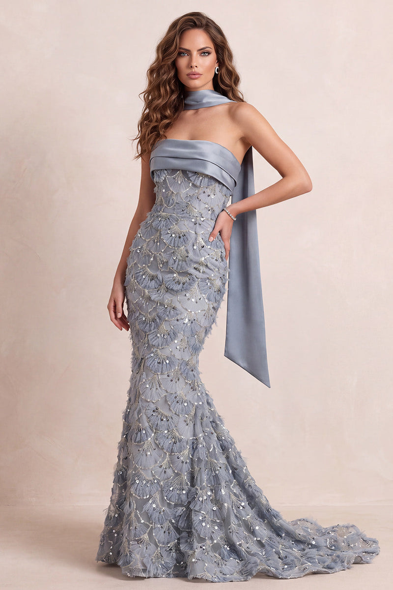 Load image into Gallery viewer, Sparkly Dusty Blue Mermaid Floral Strapless Long Prom Dress with Sequins
