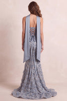 Load image into Gallery viewer, Sparkly Dusty Blue Mermaid Floral Strapless Long Prom Dress with Sequins