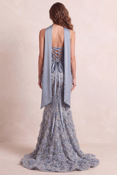 Sparkly Dusty Blue Mermaid Floral Strapless Long Prom Dress with Sequins