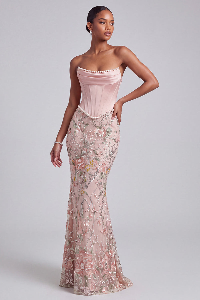 Load image into Gallery viewer, Sparkly Pink Mermaid Floral Sequin Corset Ruched Long Prom Dress with Pearls