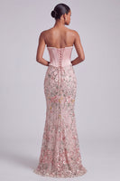Load image into Gallery viewer, Sparkly Pink Mermaid Floral Sequin Corset Ruched Long Prom Dress with Pearls