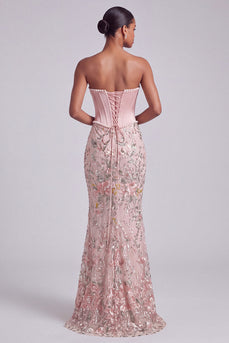 Sparkly Pink Mermaid Floral Sequin Corset Ruched Long Prom Dress with Pearls