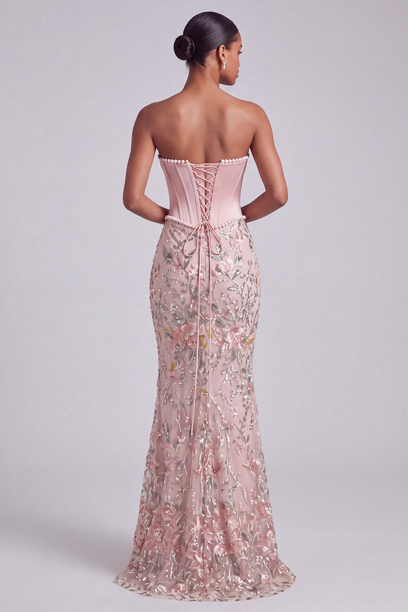 Load image into Gallery viewer, Sparkly Pink Mermaid Floral Sequin Corset Ruched Long Prom Dress with Pearls