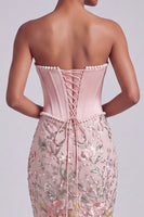 Load image into Gallery viewer, Sparkly Pink Mermaid Floral Sequin Corset Ruched Long Prom Dress with Pearls