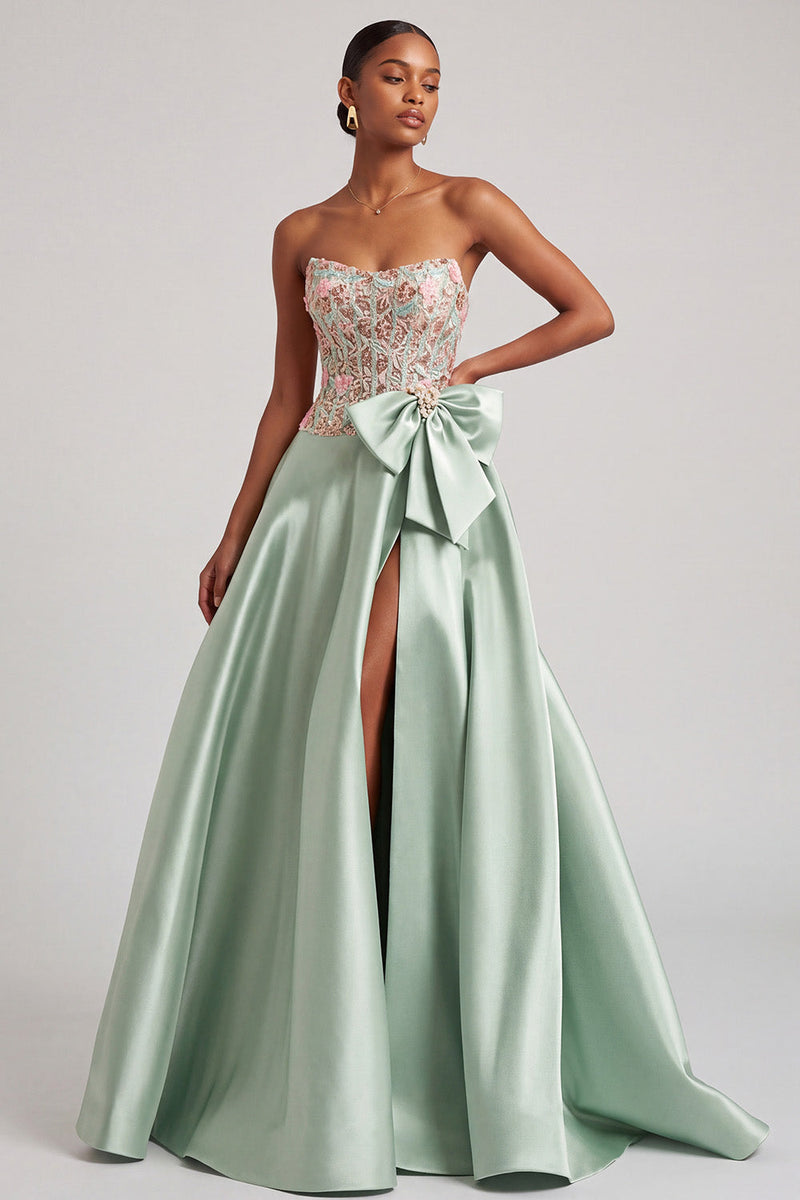 Load image into Gallery viewer, A Line Green Corset Floral Satin Long Prom Dress with Slit