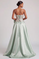 Load image into Gallery viewer, A Line Green Corset Floral Satin Long Prom Dress with Slit