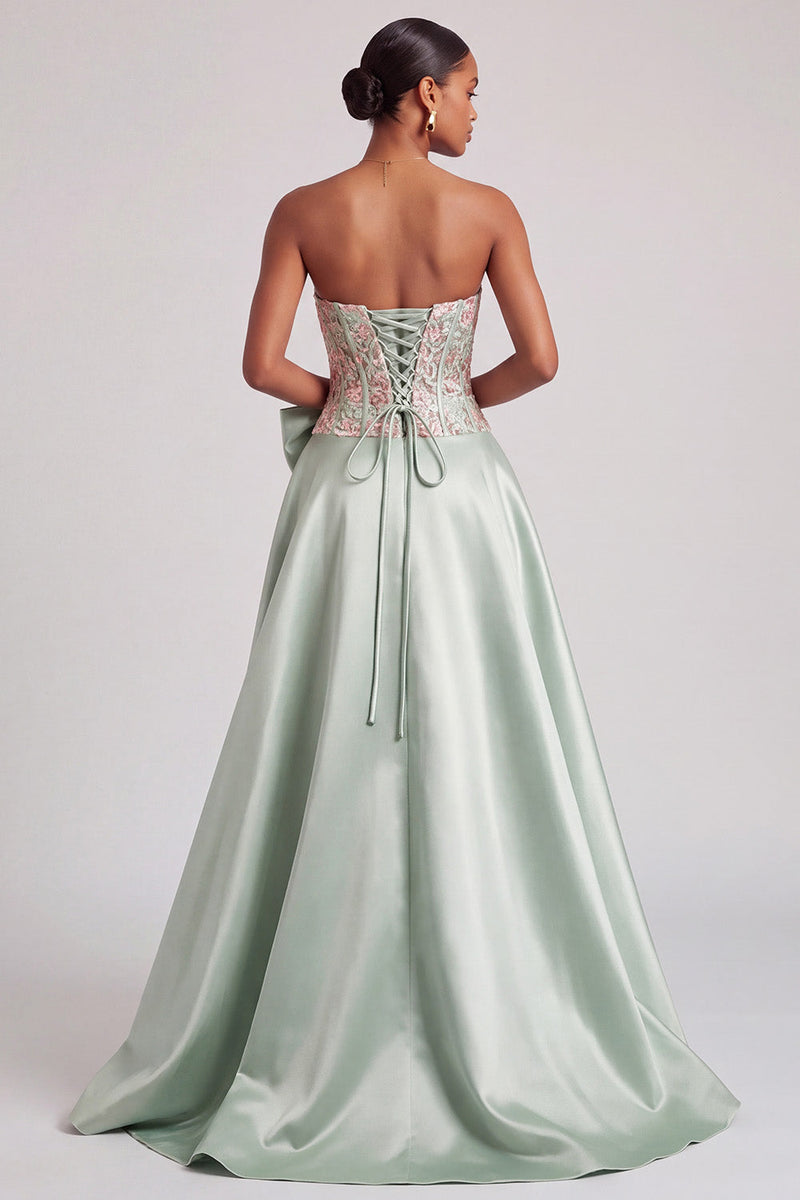 Load image into Gallery viewer, A Line Green Corset Floral Satin Long Prom Dress with Slit