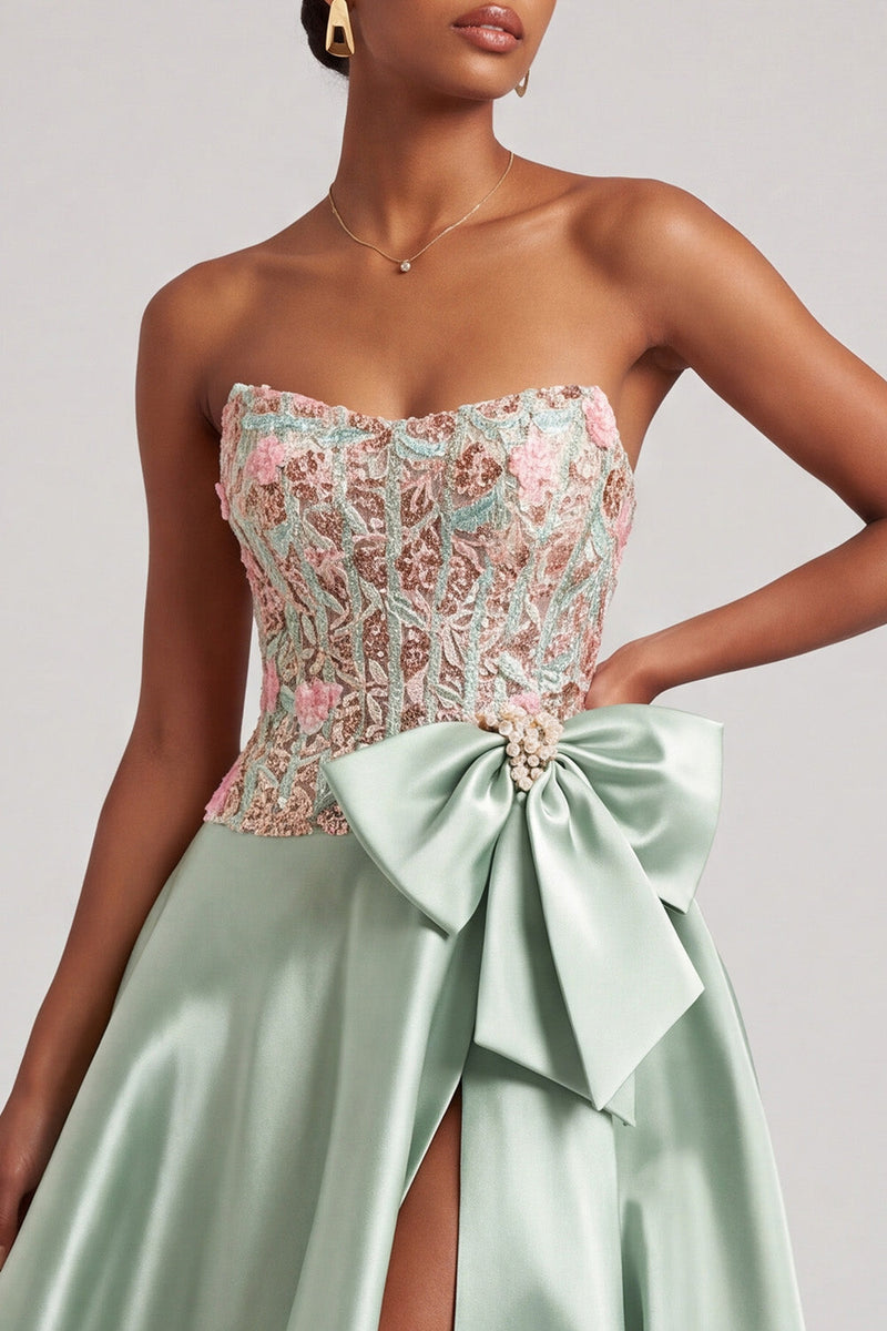 Load image into Gallery viewer, A Line Green Corset Floral Satin Long Prom Dress with Slit