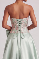 Load image into Gallery viewer, A Line Green Corset Floral Satin Long Prom Dress with Slit