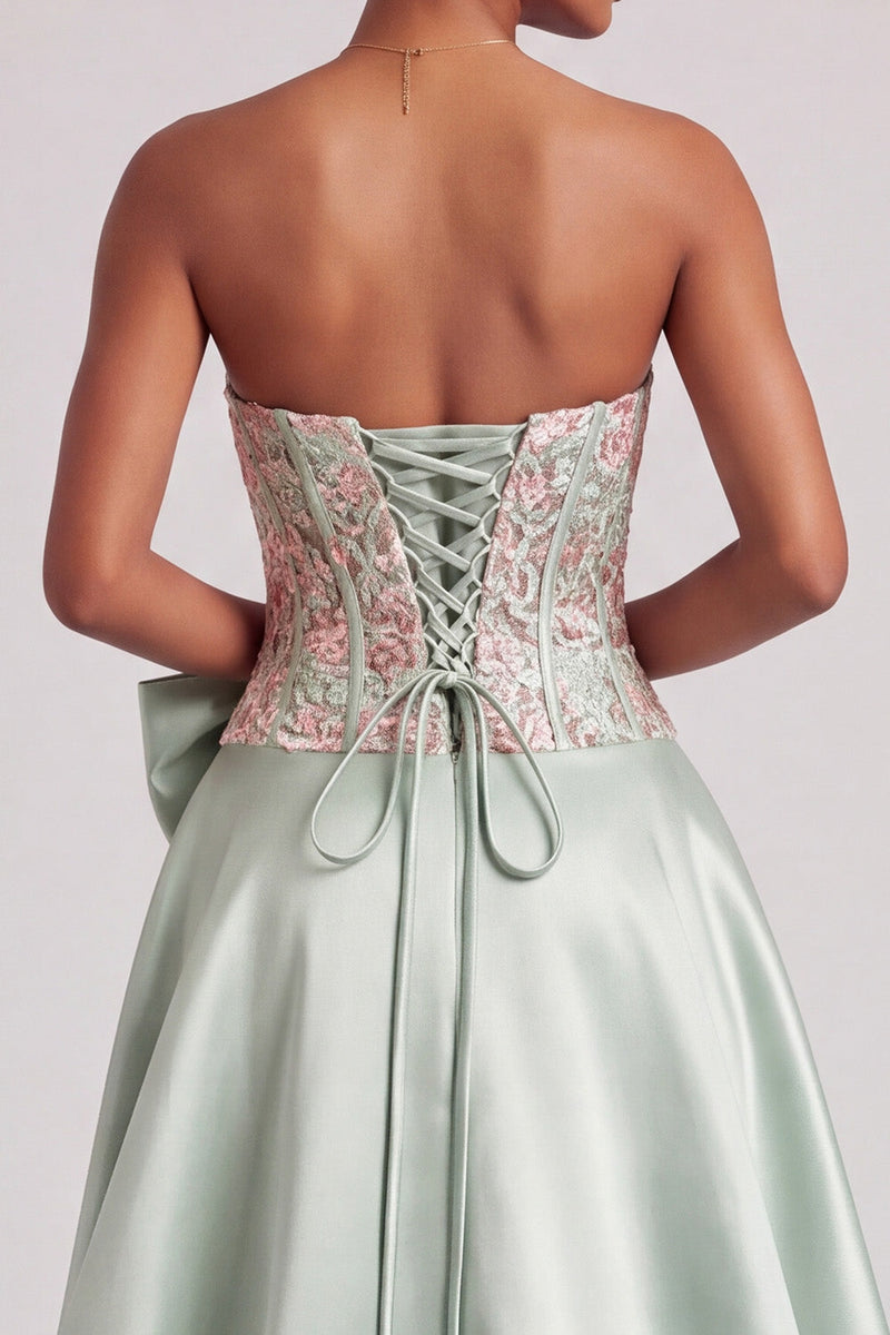 Load image into Gallery viewer, A Line Green Corset Floral Satin Long Prom Dress with Slit