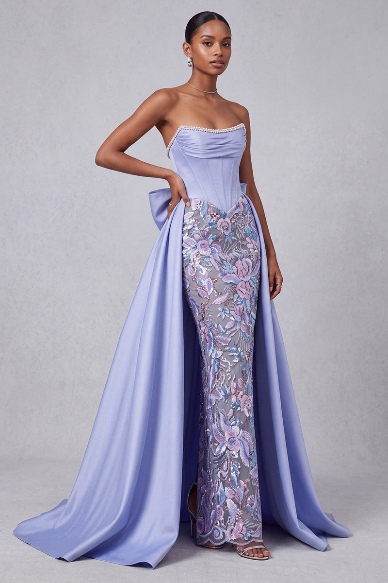 Load image into Gallery viewer, Sparkly Sequin Lavender Sheath Floral Corset Strapless Long Prom Dress with Cape